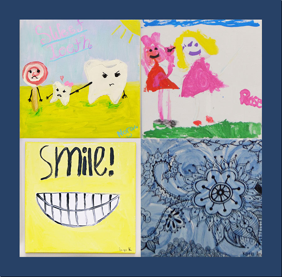 The image displays four distinct artworks, each with its own unique style and content.