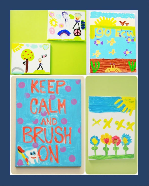 The image displays a collection of handmade artworks with messages such as  keep calm and brush on  and  soak on,  presented against a colorful background, likely intended for children s use.