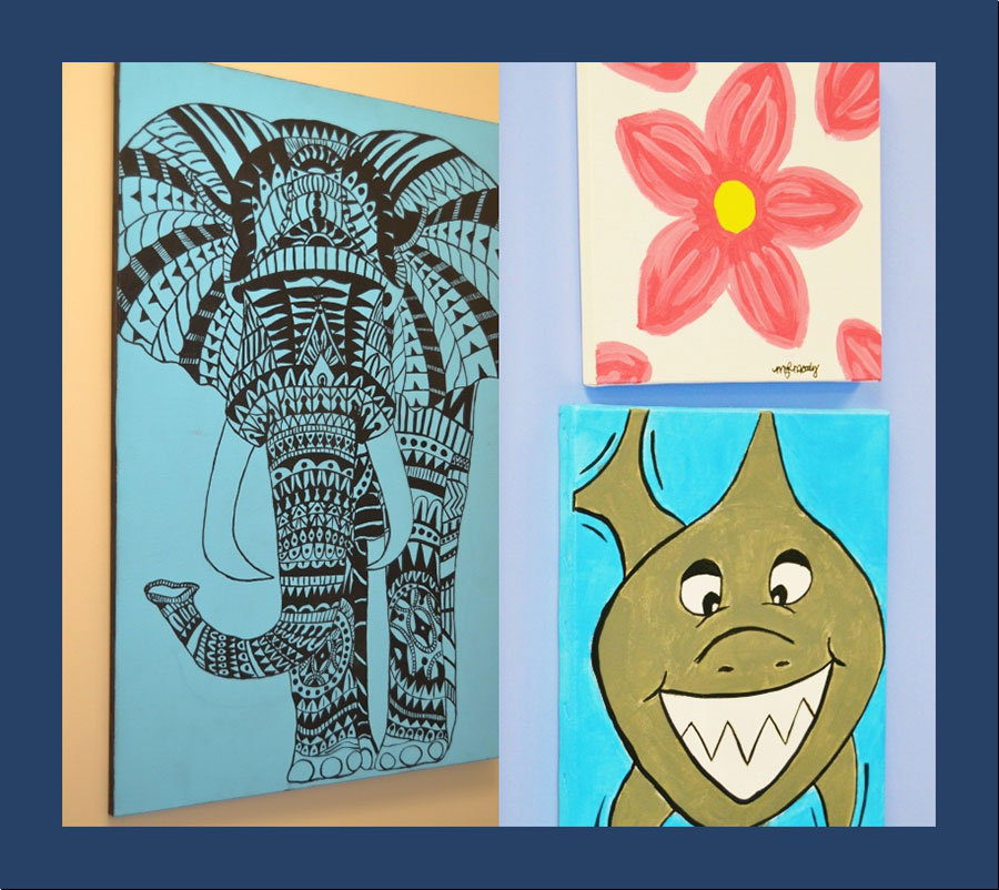 The image shows two paintings side by side  on the left, there s an elephant painting with intricate patterns and designs, and on the right, a stylized cartoon of a character resembling a green fish or creature with a smiling mouth.