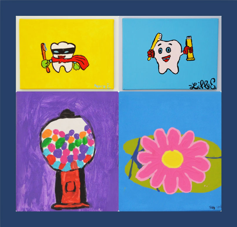 The image displays a collection of four colorful paintings with various cartoon characters and objects, each with its own vivid colors and playful themes.