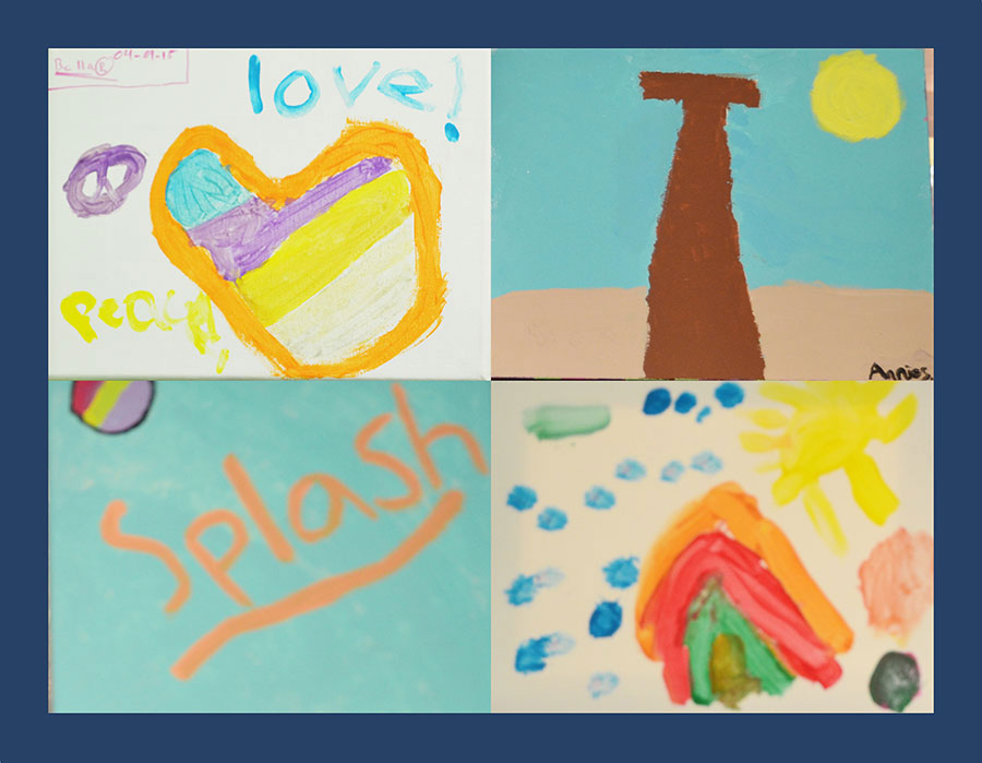 The image shows a collage of four colorful children's artworks with various themes such as a sunset, a heart, a rocket ship, and a beach scene, each with text that includes 'love,' 'people,' and 'splash.