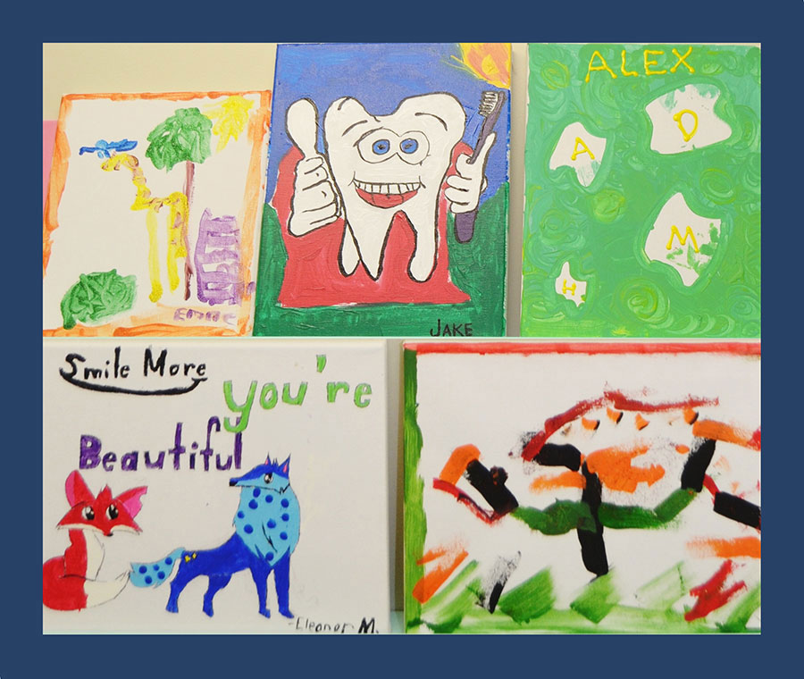 The image displays a collection of colorful paintings created by children, each with different themes and subjects, showcasing their artistic expressions.