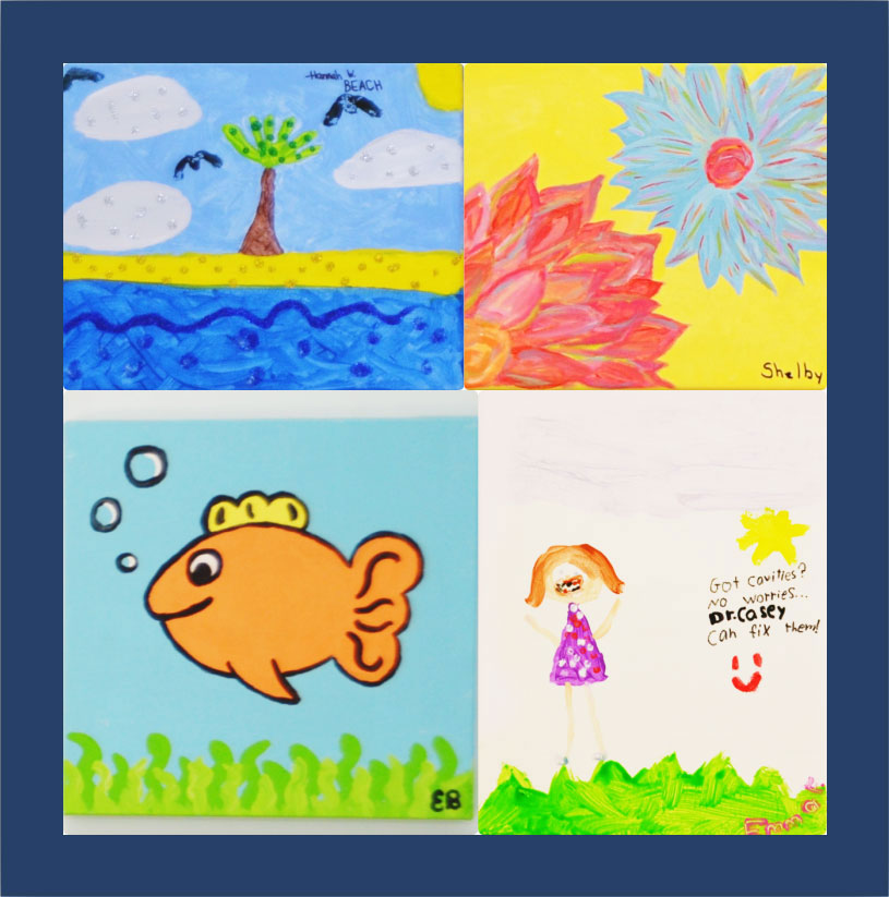 The image displays four colorful paintings featuring various scenes: a cartoon fish with a speech bubble, a sunflower, a beach scene with a tree, and an underwater view of a fish.
