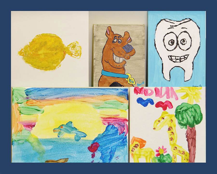 The image displays a collection of child-like artwork featuring various drawings, including a cartoon character, a tooth with eyes, and scenes depicting animals and nature, presented on a surface with a blue background.