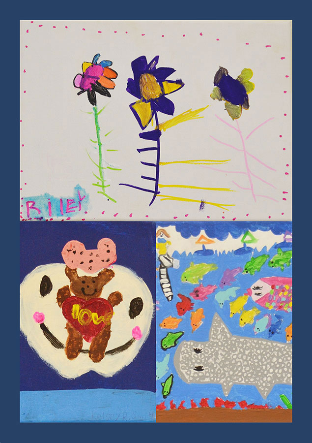 The image displays two separate colorful children's artwork featuring various drawings such as flowers, fish, a teddy bear, and an underwater scene with a whale and fish.