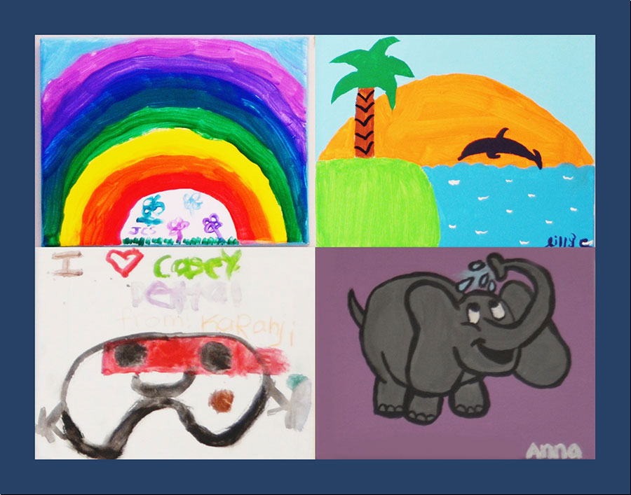 The image displays four children's artwork featuring colorful drawings with various subjects such as rainbows, a beach scene, an elephant, and a cartoon character.