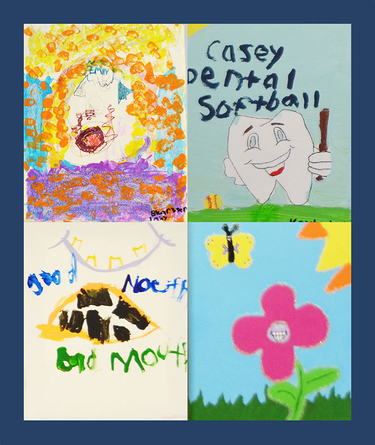 The image displays four colorful paintings of children's artwork, each with unique designs and elements such as cartoon characters, flowers, and a sun.