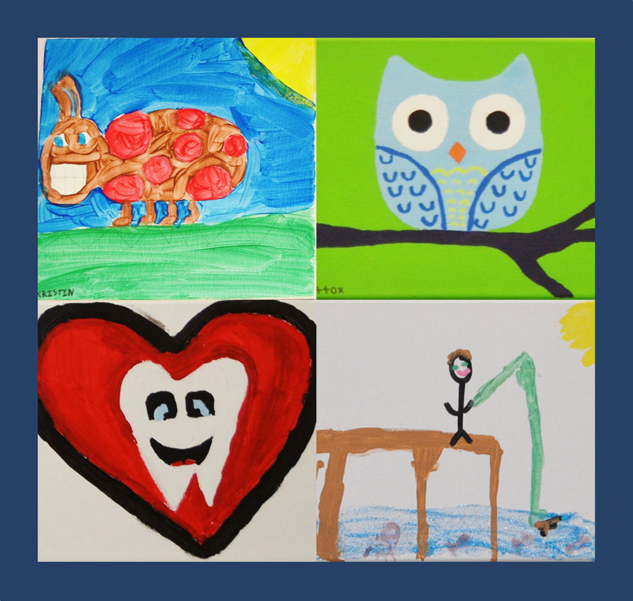 The image displays four distinct children's artworks featuring various animals and objects, each with a unique style and color palette, arranged in a grid format on a blue background.