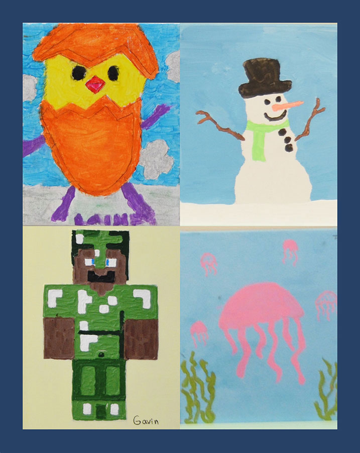 The image displays four digital art pieces featuring colorful, animated characters, including a cartoon bird, a snowman, an octopus, and a character resembling a video game figure with a pixelated design.
