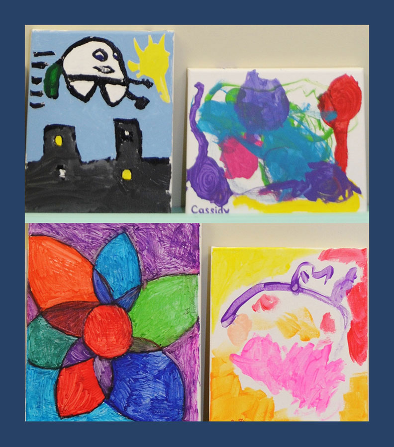 The image displays four colorful paintings with various abstract shapes and designs, each with different colors and patterns, presented on a clean surface.