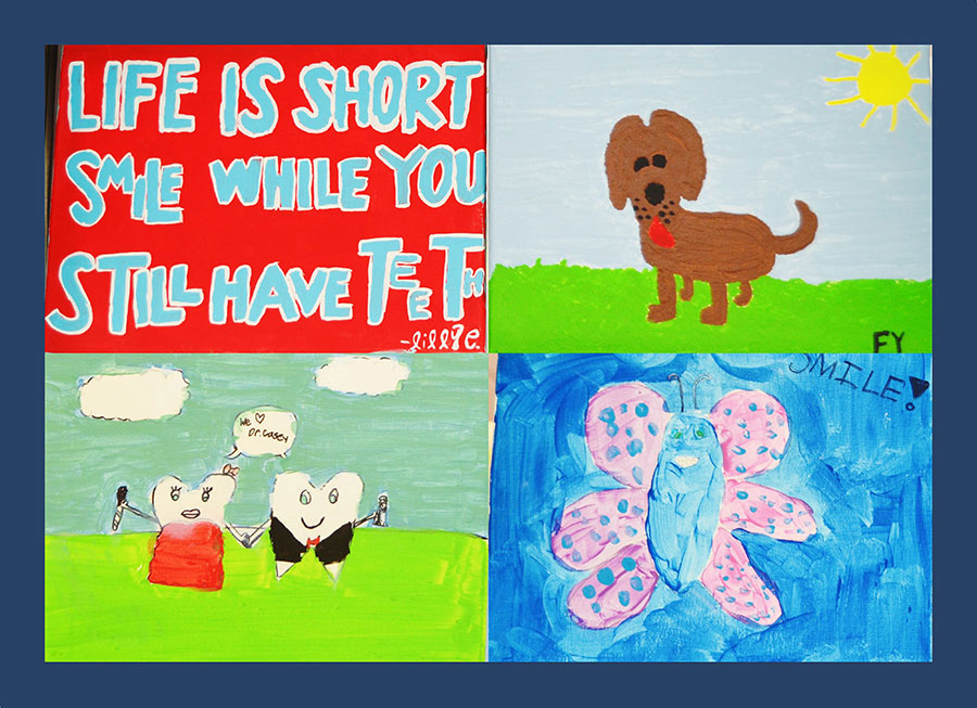 The image features four colorful paintings with various elements such as text, animals, and human figures, each conveying a different message or scene.