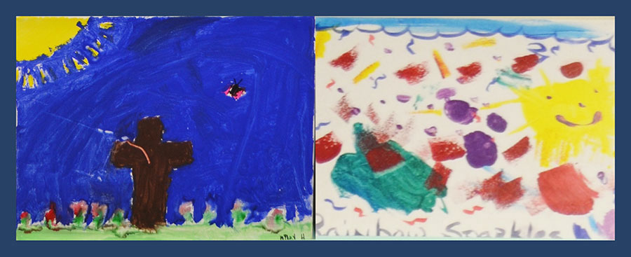 The image displays two separate photographs side by side  on the left, an artwork with a blue background featuring a night sky with a crescent moon and stars, a silhouette of a tree, and a cross-like figure in the bottom right corner  on the right, a colorful painting with various shapes resembling flowers or perhaps abstract designs, rendered in bright colors.