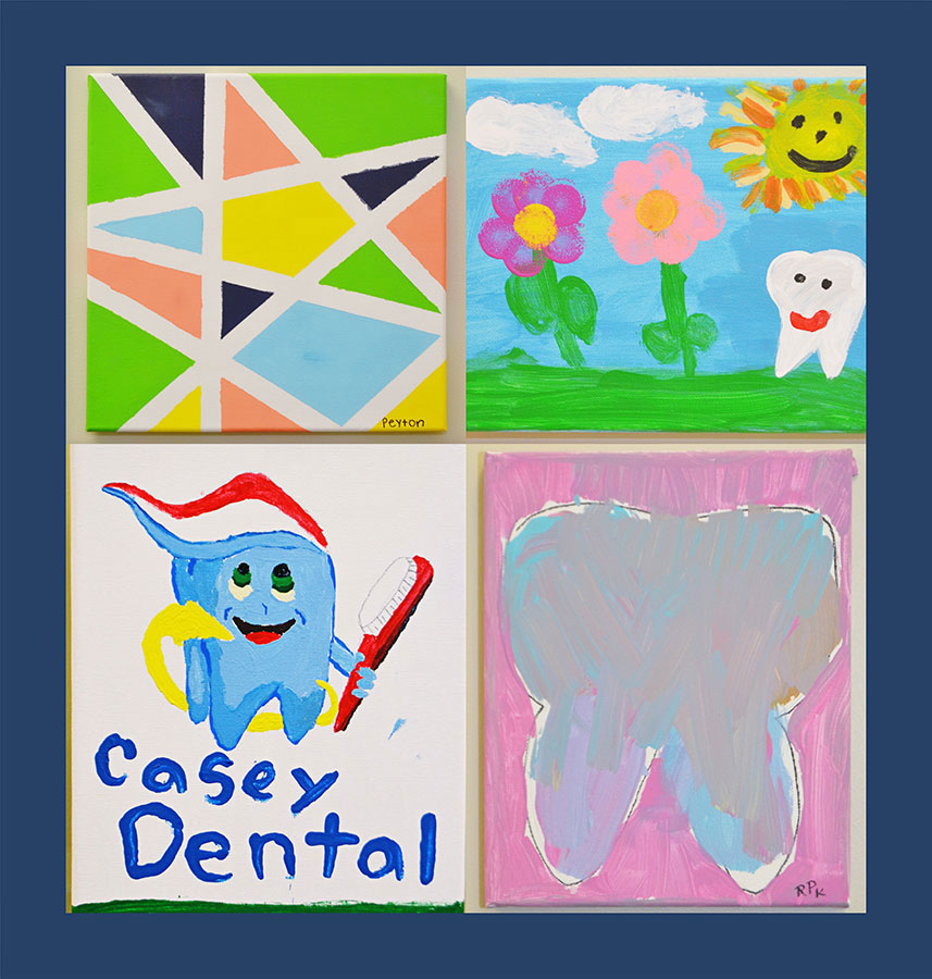 The image displays four colorful paintings with various subjects including a toothbrush, a cartoon character, a dental logo, and a scene with flowers and a sunny sky.