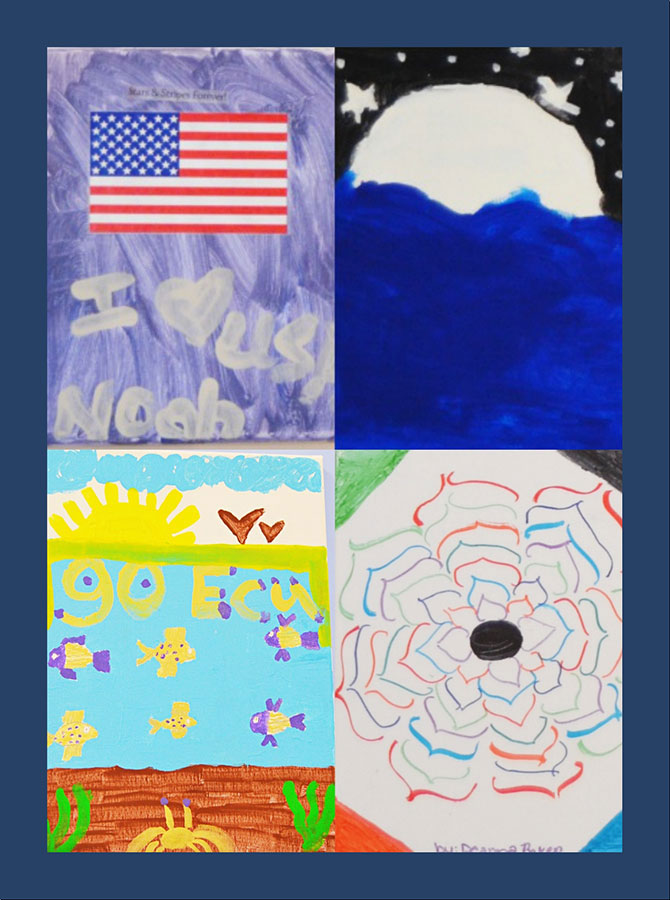 The image displays four colorful, child-like drawings with various themes such as an American flag, a moonlit landscape, a sunny beach scene, and a floral pattern with text that reads  I love you.